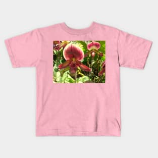 Serene Beauty: Red-Green Venus Slipper Orchids Print Kids T-Shirt